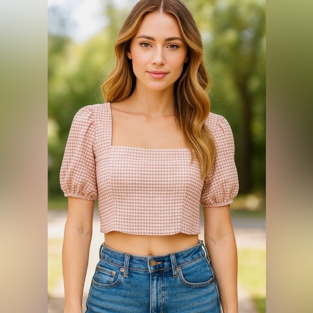 Checkered Puff Sleeve Blouse - Tan